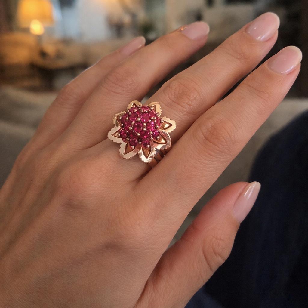 18K Yellow gold Mauboussin Burman no Heat Ruby Flower Retro Ring