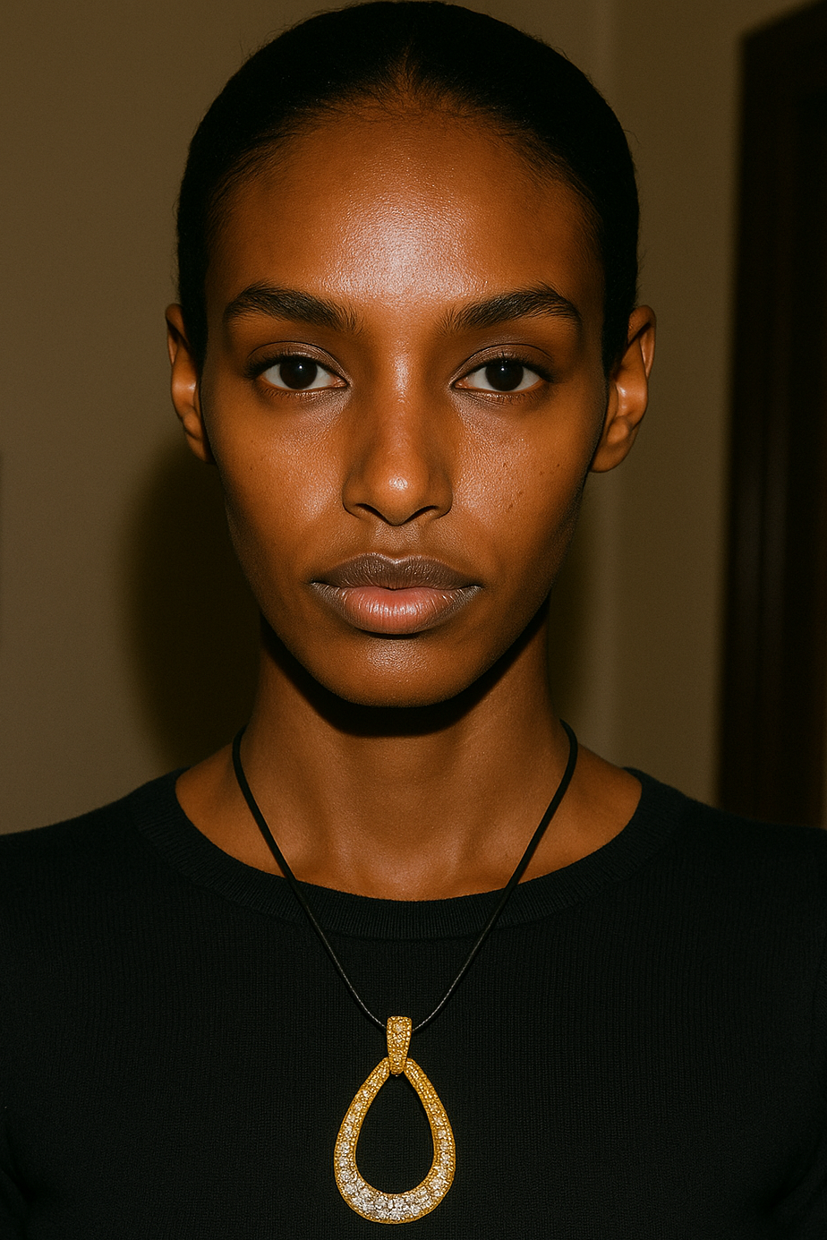 Woman wearing a black top and gold necklace with a pendant.