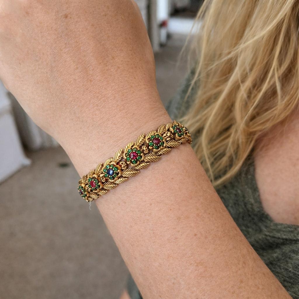 Emerald, Ruby and Sapphire 18k Yellow Gold Floral Bracelet, France 1960's