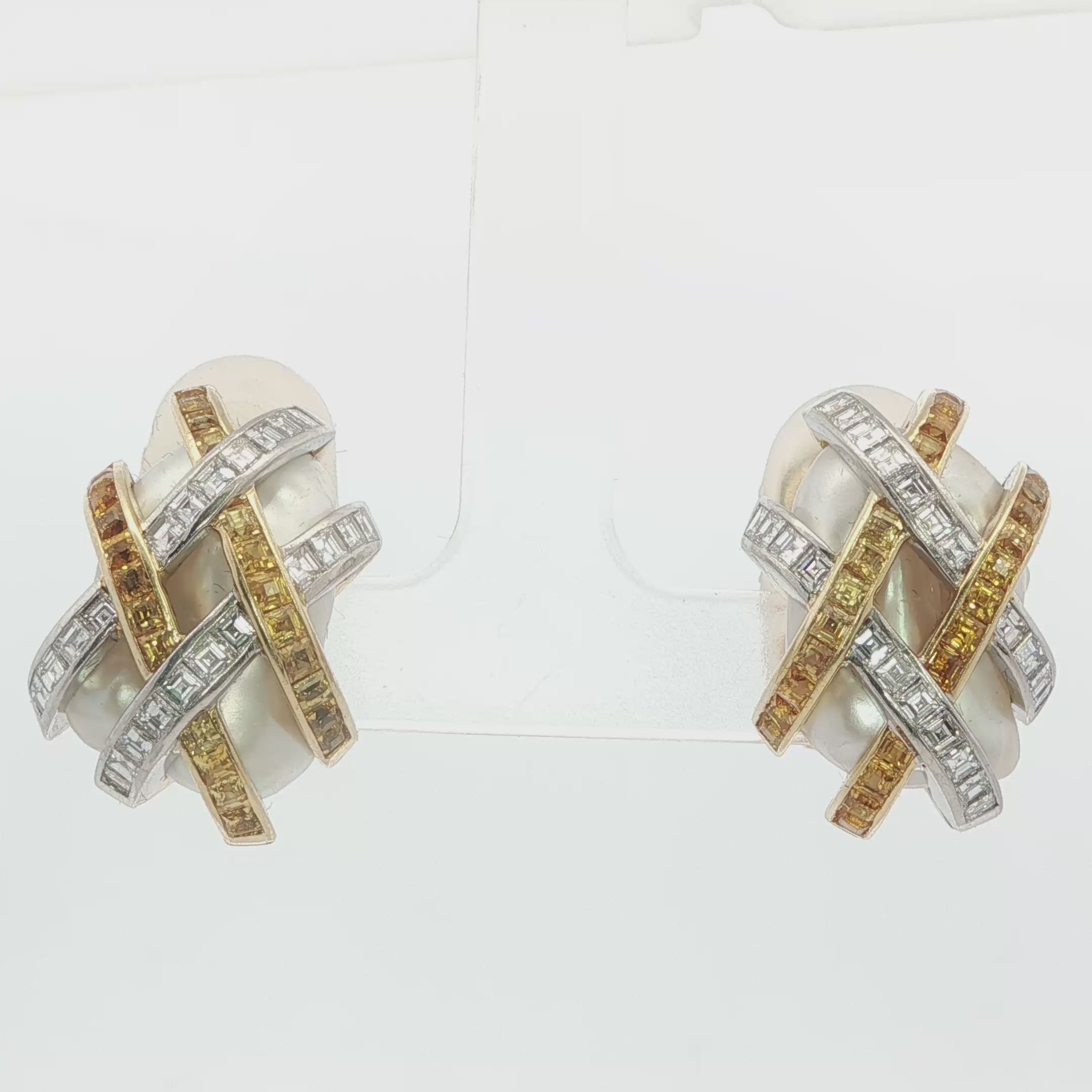 Platinum, Gold, Diamond, Yellow Sapphire, and Pearl Earrings