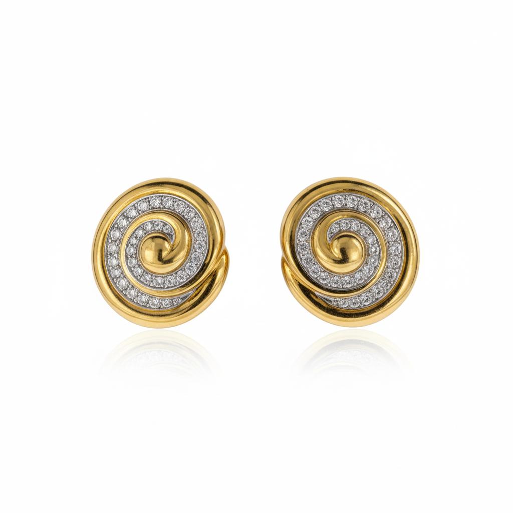 David Webb Diamond Swirl Earrings 18k Yellow Gold & Platinum, Circa 1980s