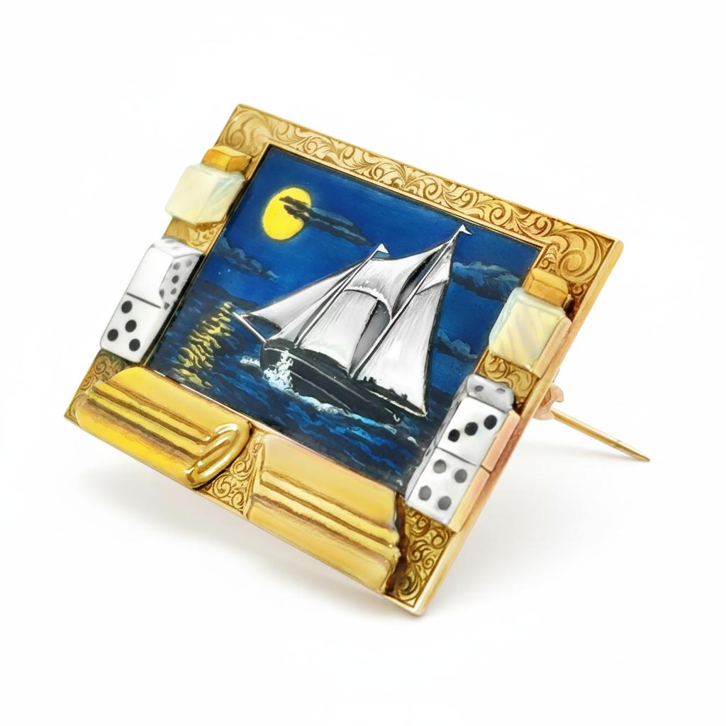 1930's Sailboat Enamel and Gold Brooch with Dice Motif