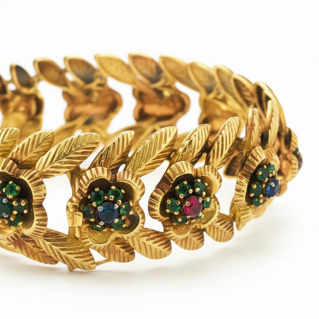 Emerald, Ruby and Sapphire 18k Yellow Gold Floral Bracelet, France 1960's