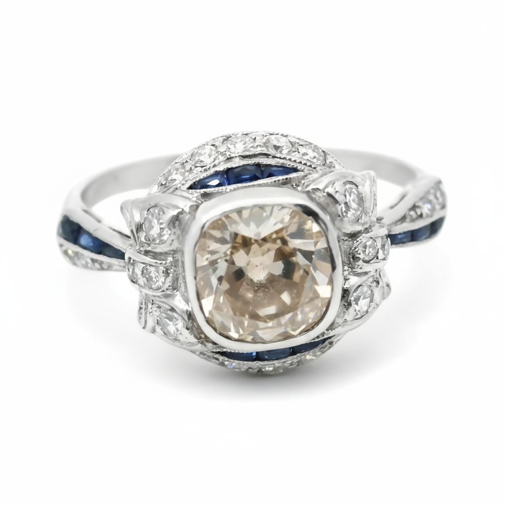 Art Deco Platinum Engagement Ring with Fancy Brown Diamond and Sapphire Accents
