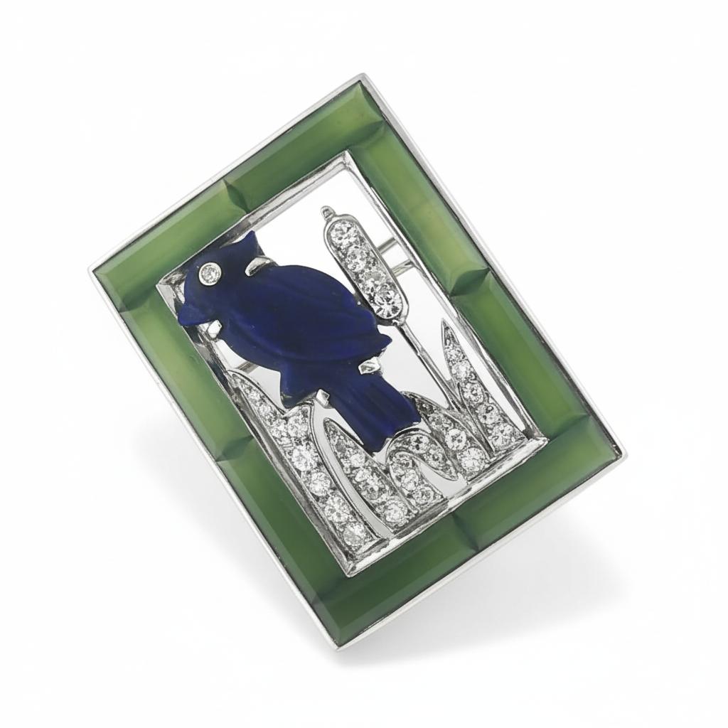 Cartier Lapis Lazuli, Nephrite & Diamond Bird Brooch Circa 1930