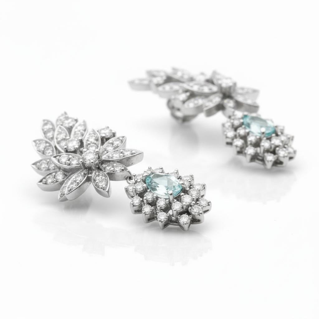 1960 Platinum Aquamarine and Diamond Floral Earrings