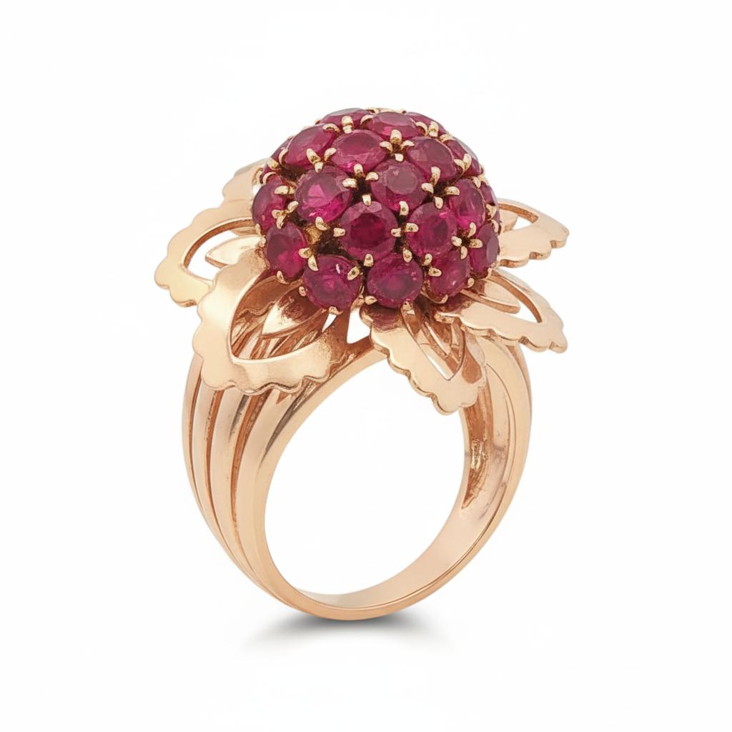 18K Yellow Gold Mauboussin Burma No Heat Ruby Flower Retro Ring
