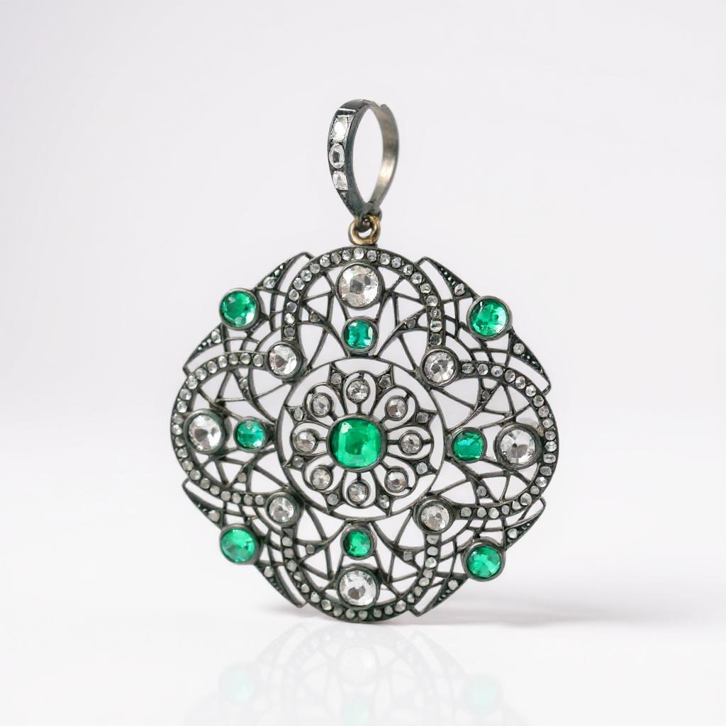 A pendant in gold, silver, diamond and emerald.