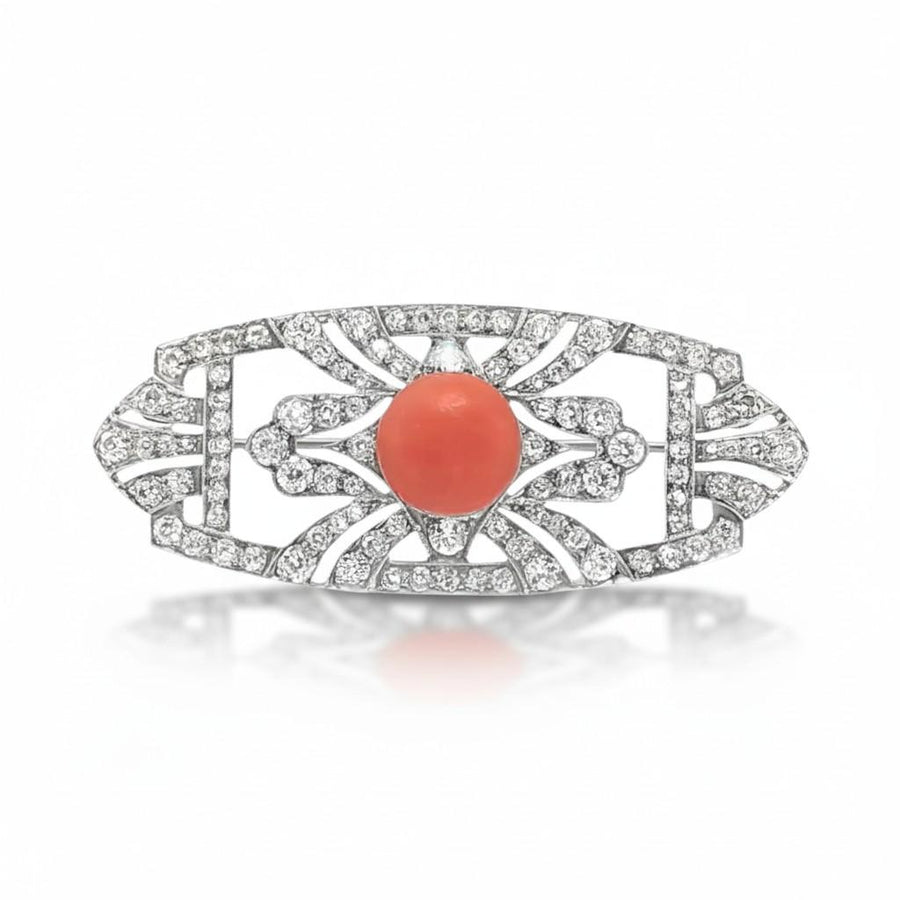 Platinum Art Deco Diamond Coral Geometrical Brooch Pendant