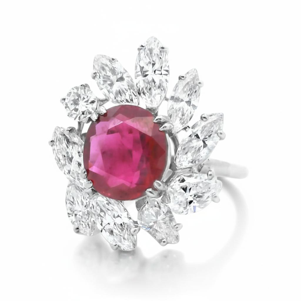 Platinum Ring with 3.27-Carat Ruby and Pear-Cut Diamonds