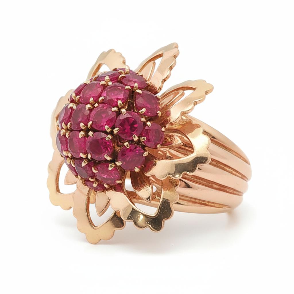 18K Yellow Gold Mauboussin Burma No Heat Ruby Flower Retro Ring