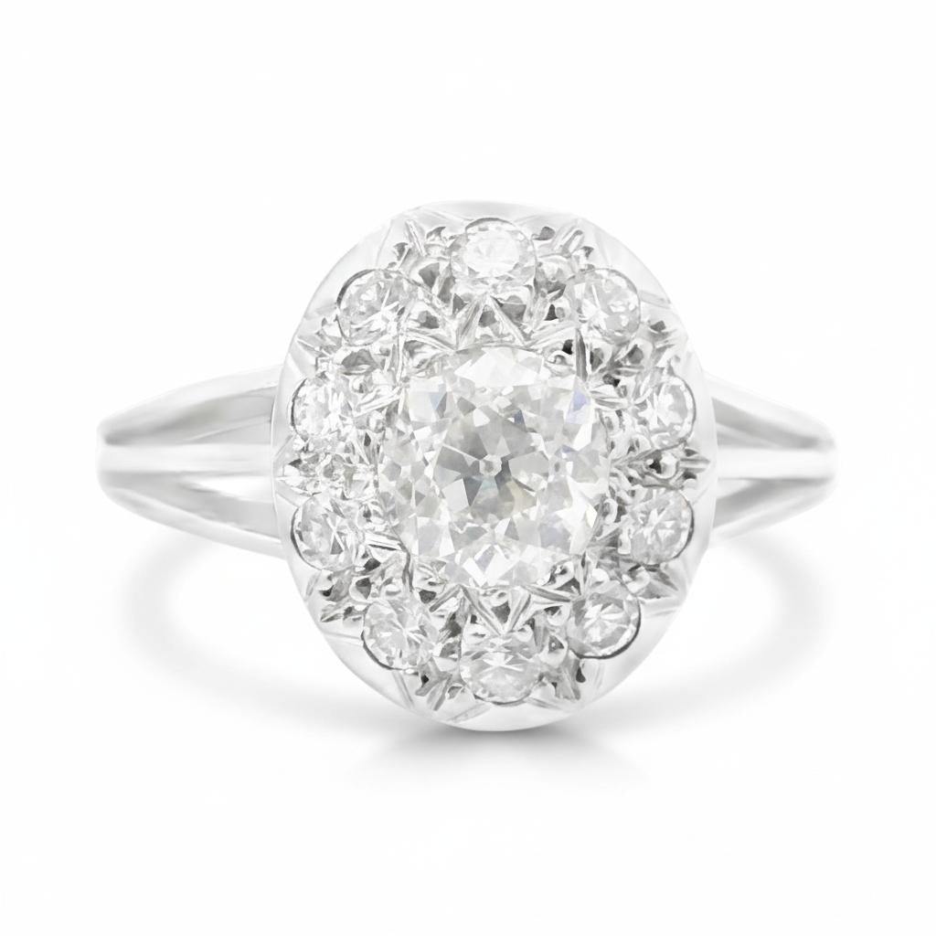French Art Deco Diamond Cluster Ring in 18k White Gold (1.15 cts)