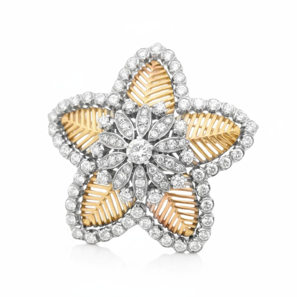 Cuzy 18K Gold Platinum Diamond Floral Brooch