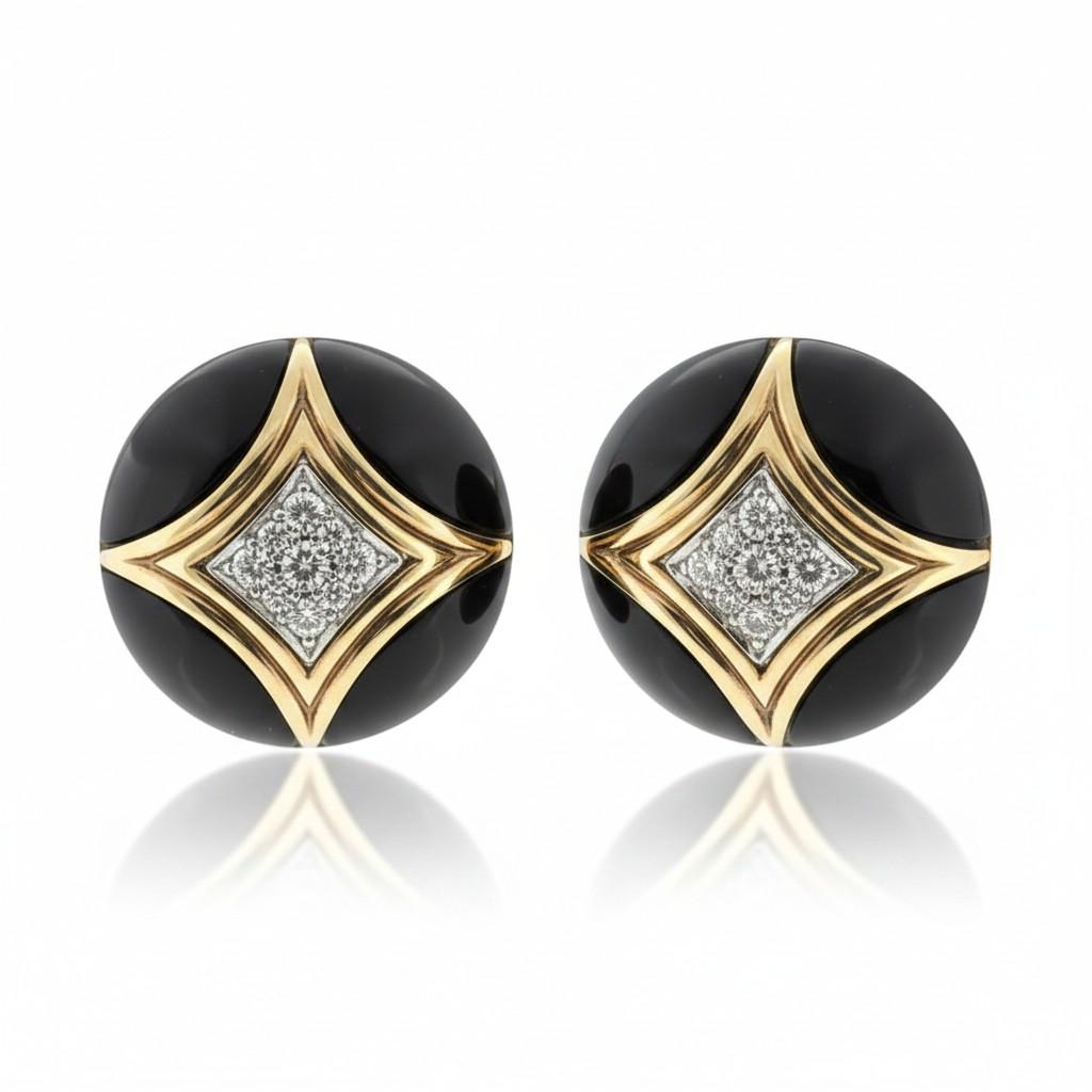18K Gold Van Cleef & Arpels Onyx and Diamond Earrings