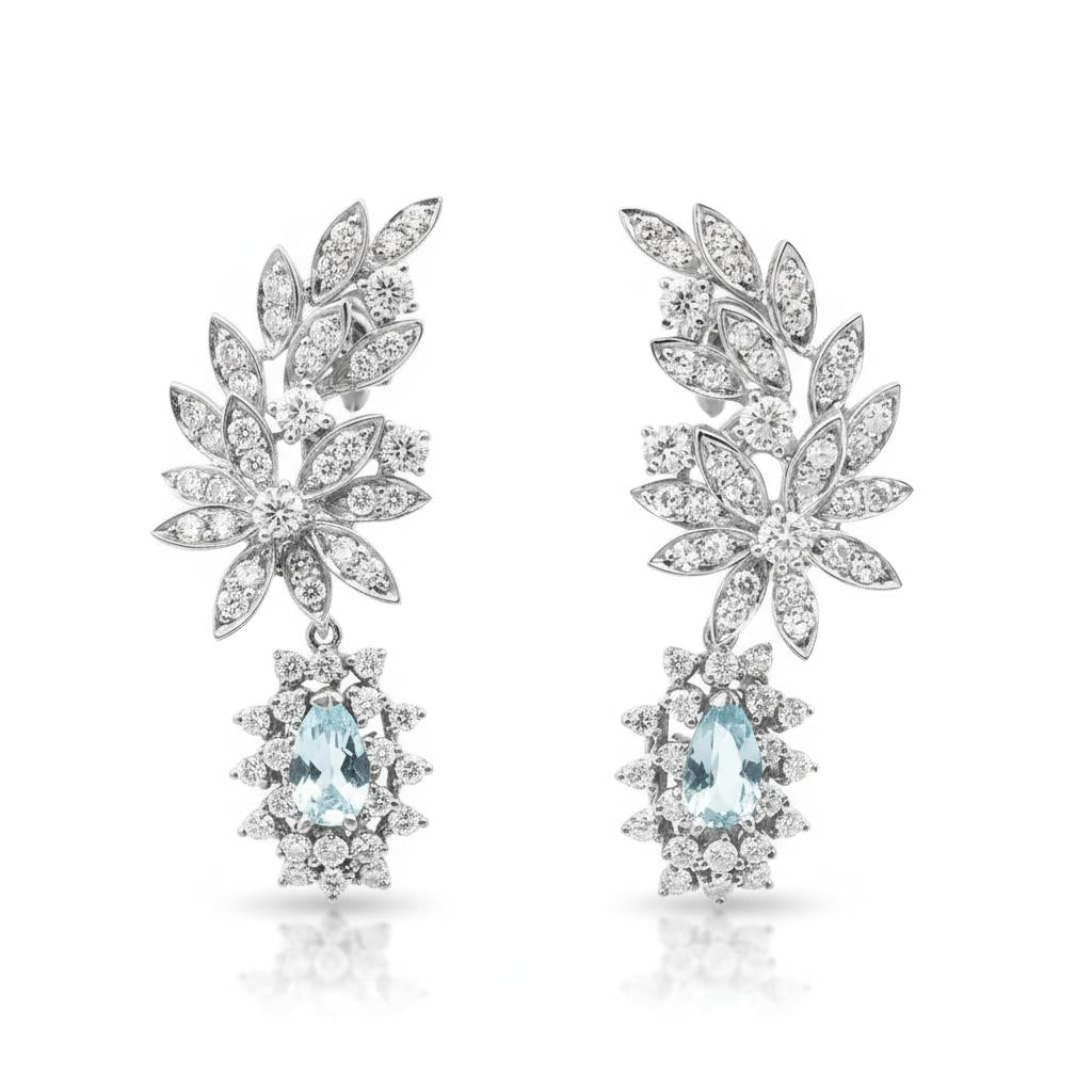 1960 Platinum Aquamarine and Diamond Floral Earrings
