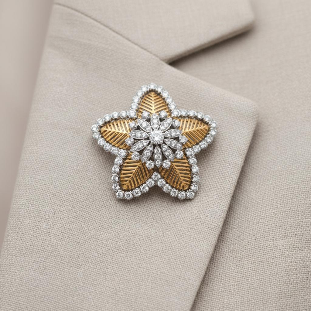 A brooch in gold, platinum and diamond By Cuzi