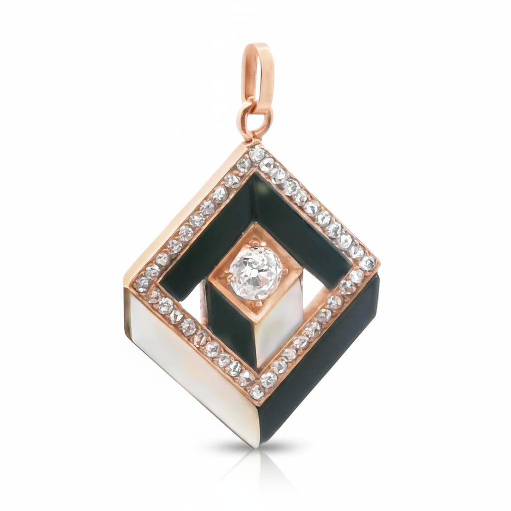 Antique Geometric Onyx, Mother-of-Pearl & Diamond Pendant