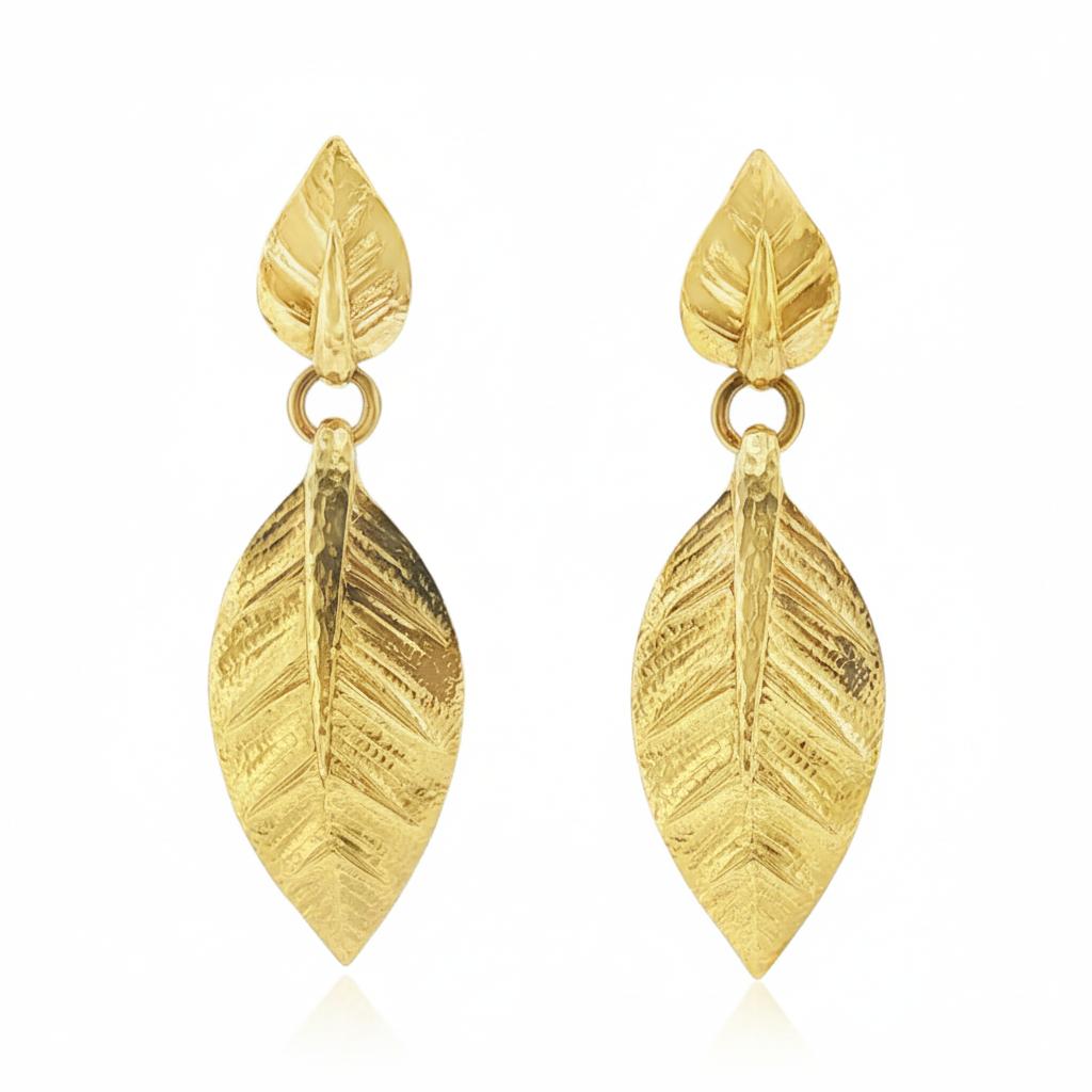 David Webb Double Leaf Drop Earrings 18k Yellow Gold, Circa 1970s