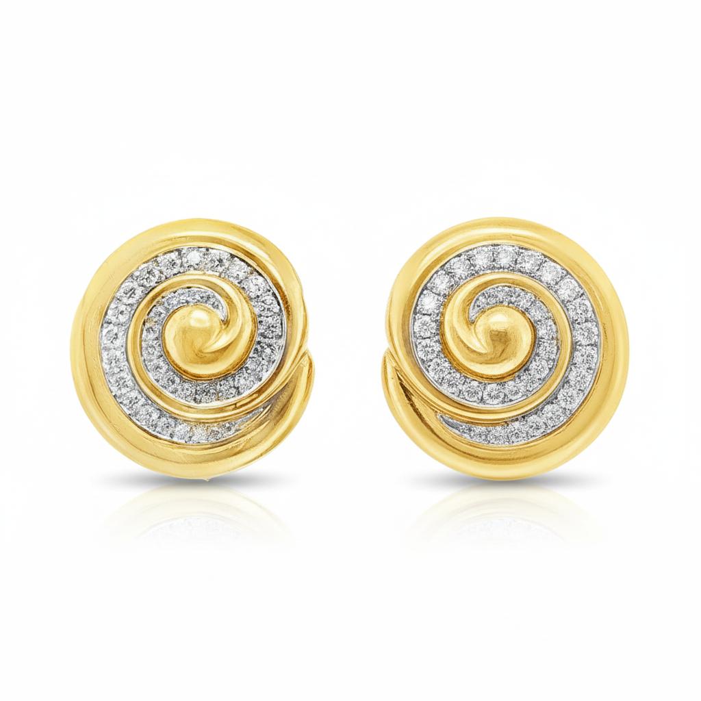 David Webb Diamond Swirl Earrings 18k Yellow Gold & Platinum, Circa 1980s