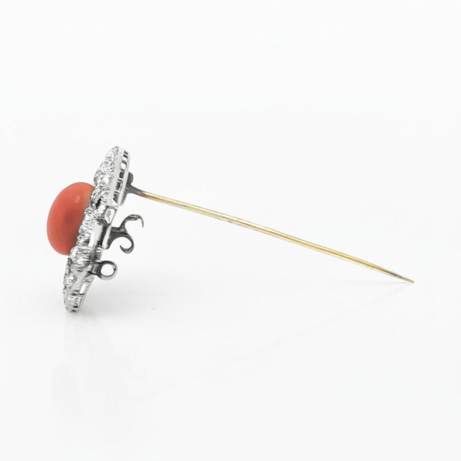 Platinum Art Deco Diamond Coral Geometrical Brooch Pendant, second view