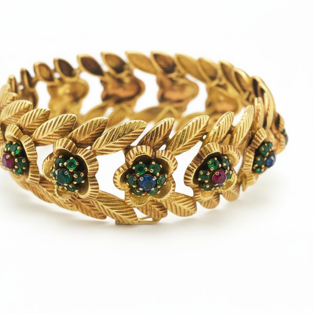 Emerald, Ruby and Sapphire 18k Yellow Gold Floral Bracelet, France 1960's
