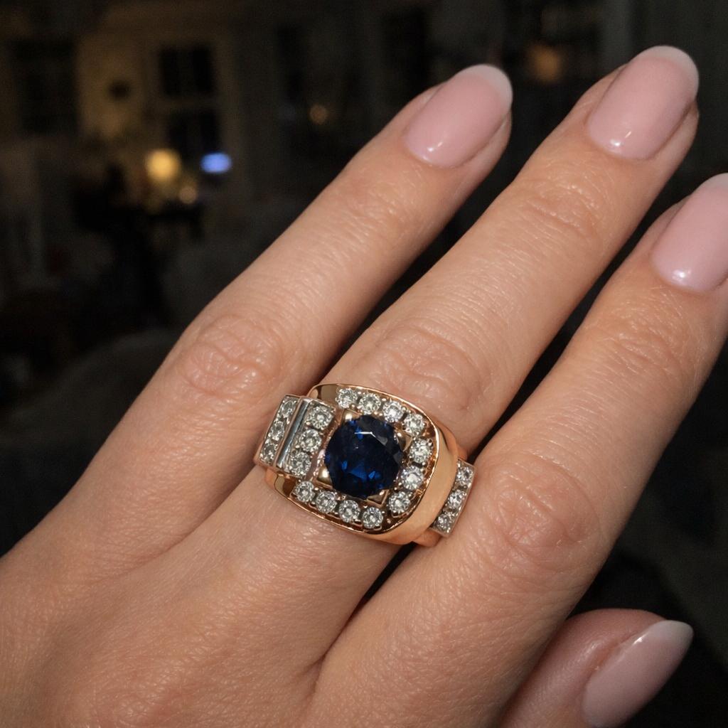 18K Yellow Gold & Platinum French 1950s Sapphire Diamond Ring - 17.70GRAM -D0