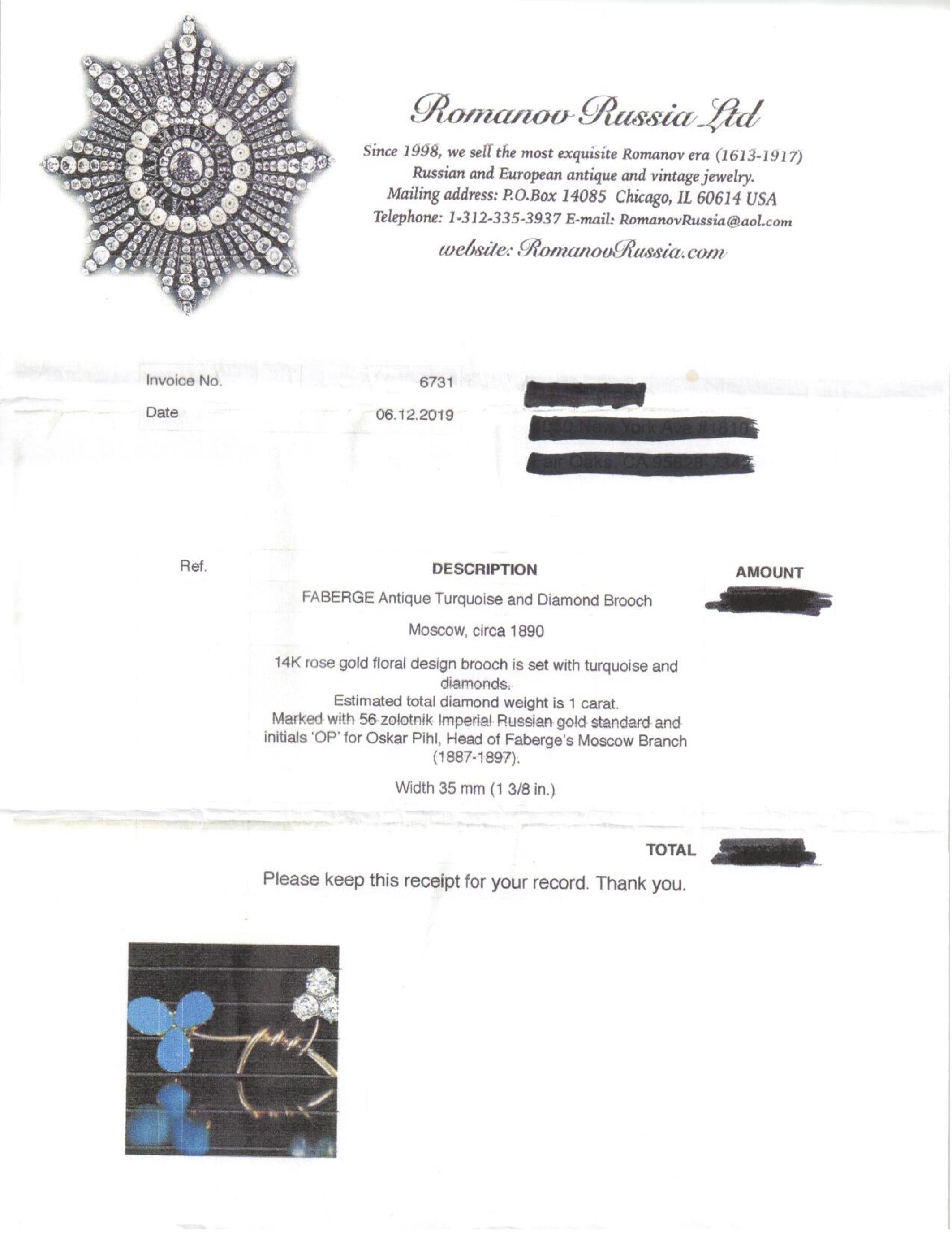 FABERGE Antique Turquoise and Diamond Brooch