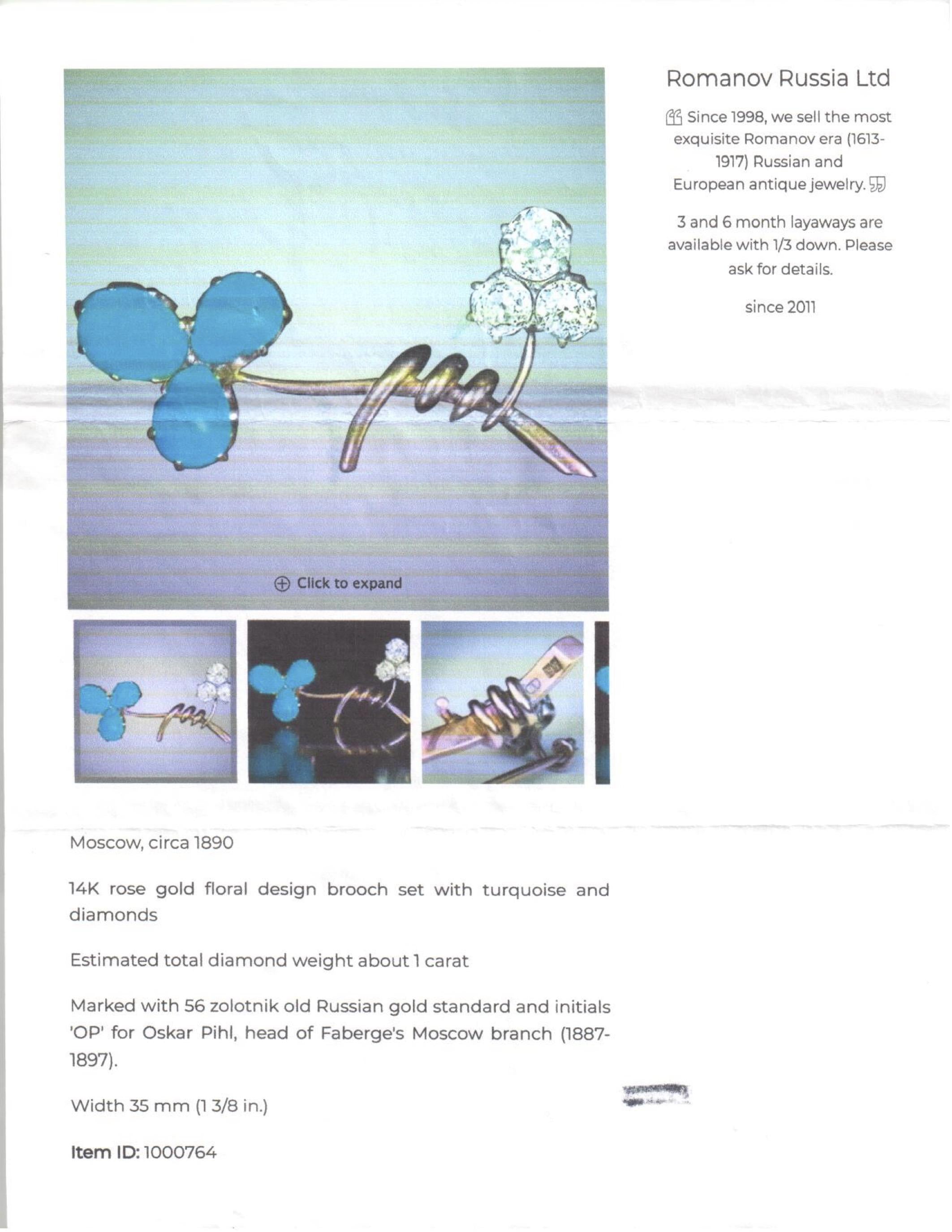 FABERGE Antique Turquoise and Diamond Brooch