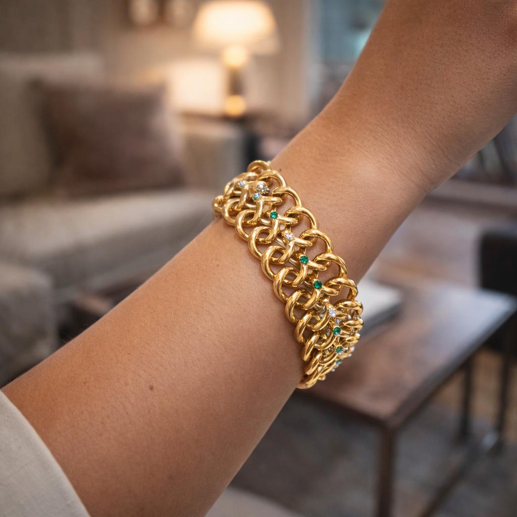 1940's Van Cleef & Arpels NY Emerald and Diamond Link Bracelet