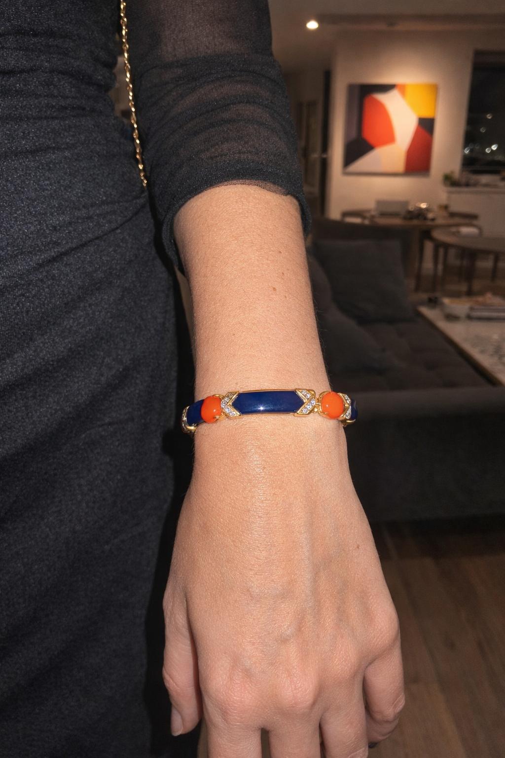 Van Cleef & Arpels Coral, Lapis & Diamond Bracelet 18K Yellow Gold, France, 1960