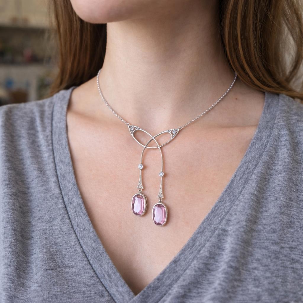 Edwardian Pink Topaz and Diamond Pendant Necklace