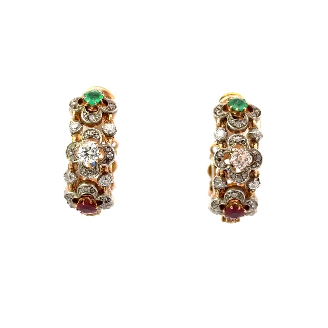 18K Yellow Gold & Platinum Vintage Emerald Ruby Sapphire Diamond Earrings