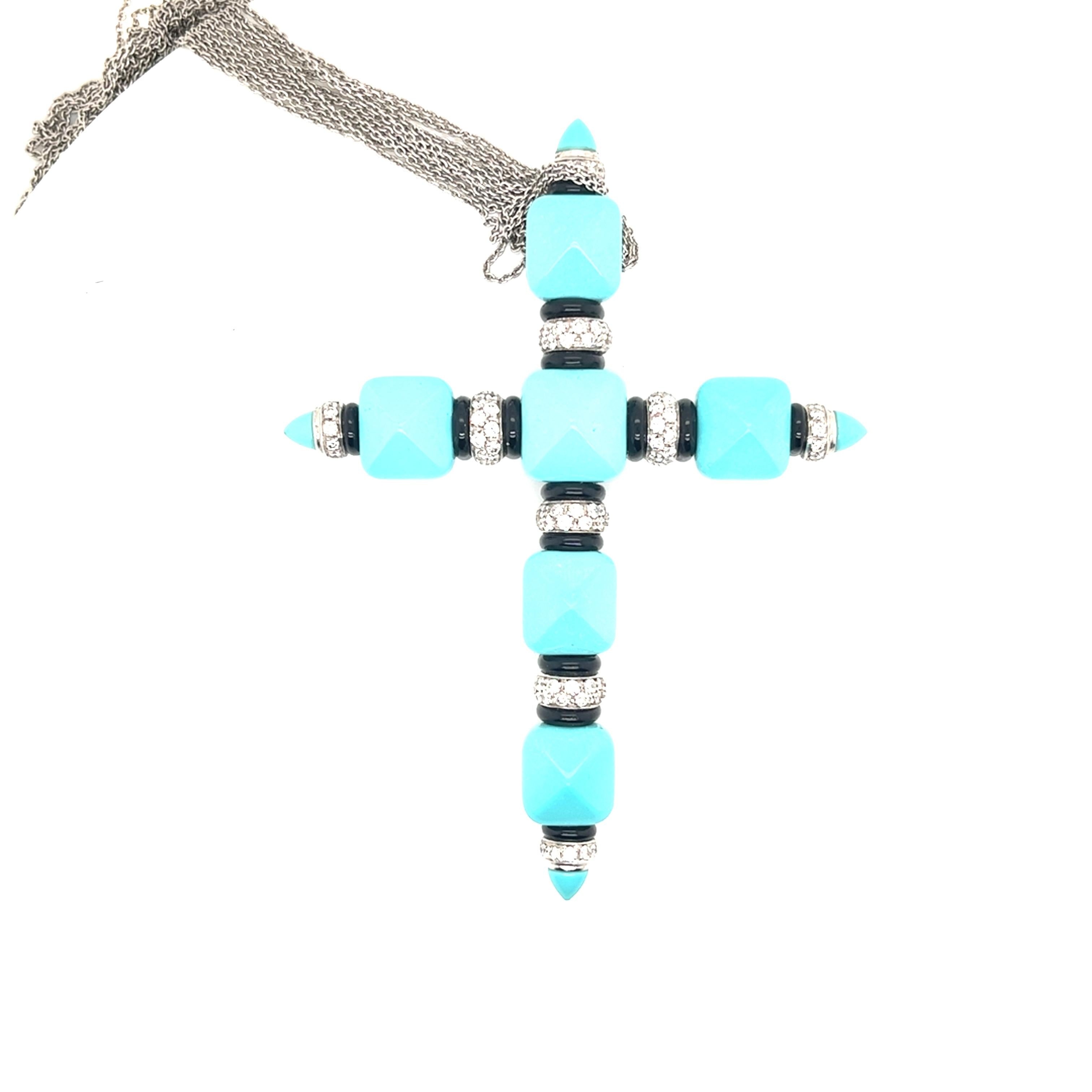 18k White Gold  Italian Vintage Diamond  Turquoise Onyx Cross Pendant