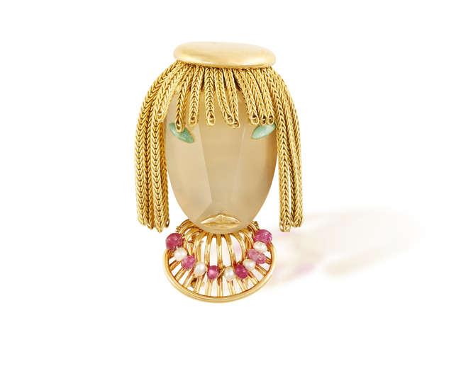 18k Yellow Gold  French Vintage Pearl Ruby Brooch 'Woman'