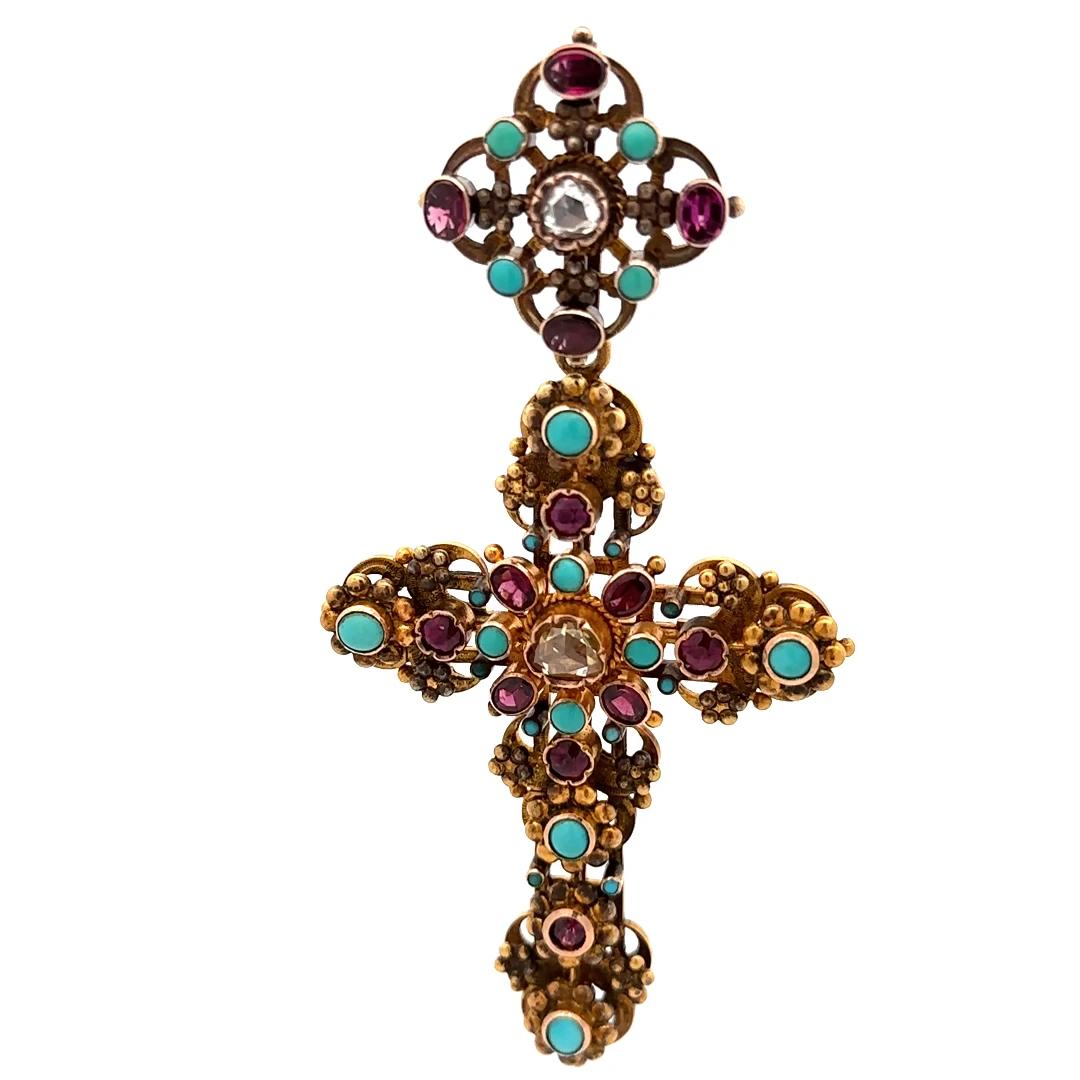 18k Yellow Gold   Victorian Diamond Rose cut Amethyst & Turquoise Pendant