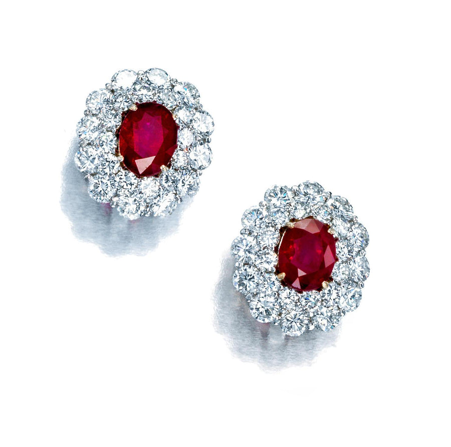 Burmese Ruby and Diamond Cluster Earrings in Platinum