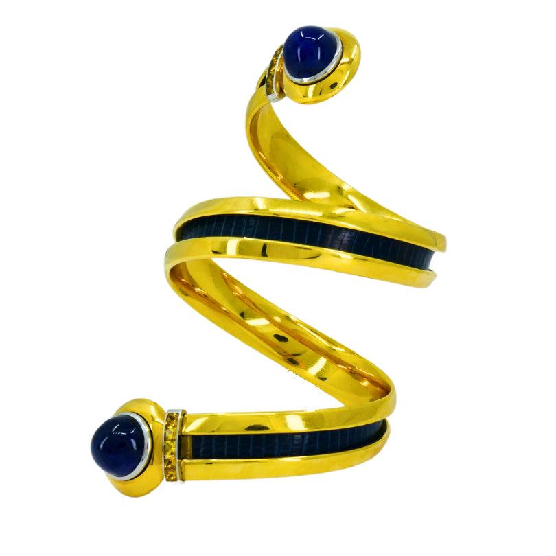 Hemmerle Spiral Sapphire, Yellow Sapphire & Leather Bracelet 18k Gold, Circa 198