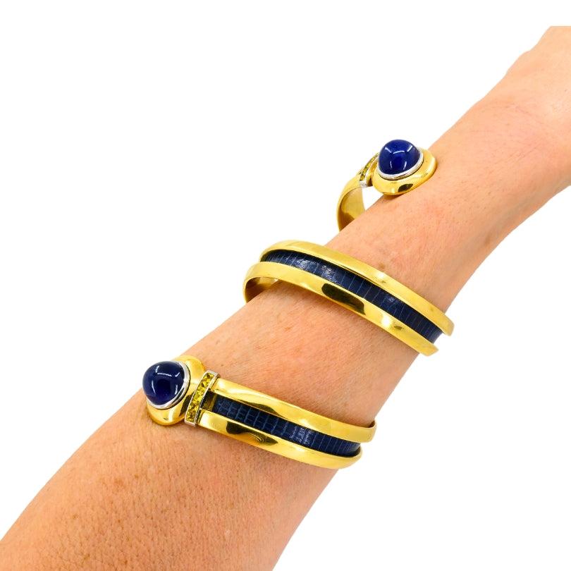 Hemmerle Spiral Sapphire, Yellow Sapphire & Leather Bracelet 18k Gold, Circa 198