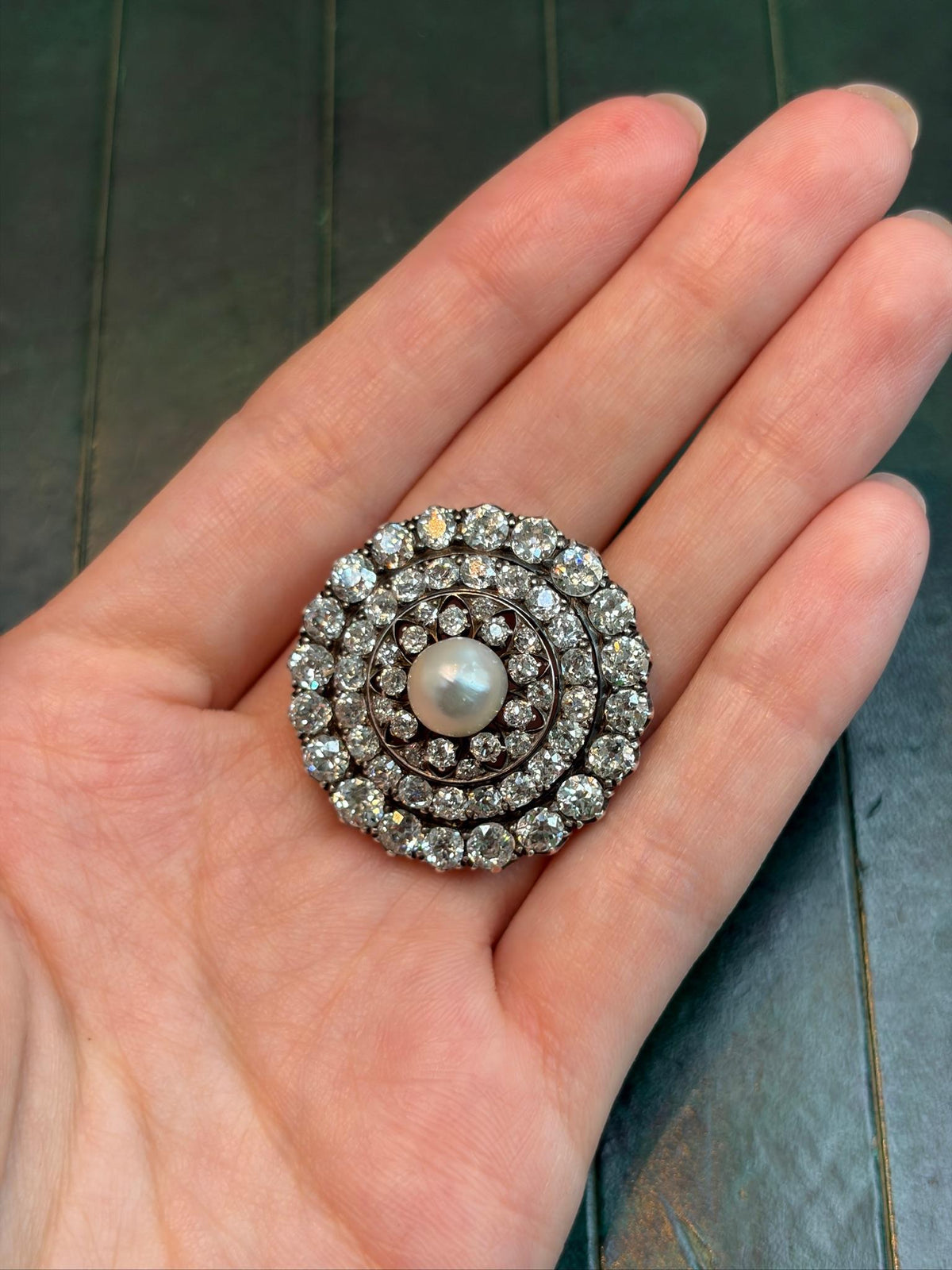 Victorian Natural Pearl and Old Mine Cut Diamond Brooch in Silver-Topped Gold, view 2