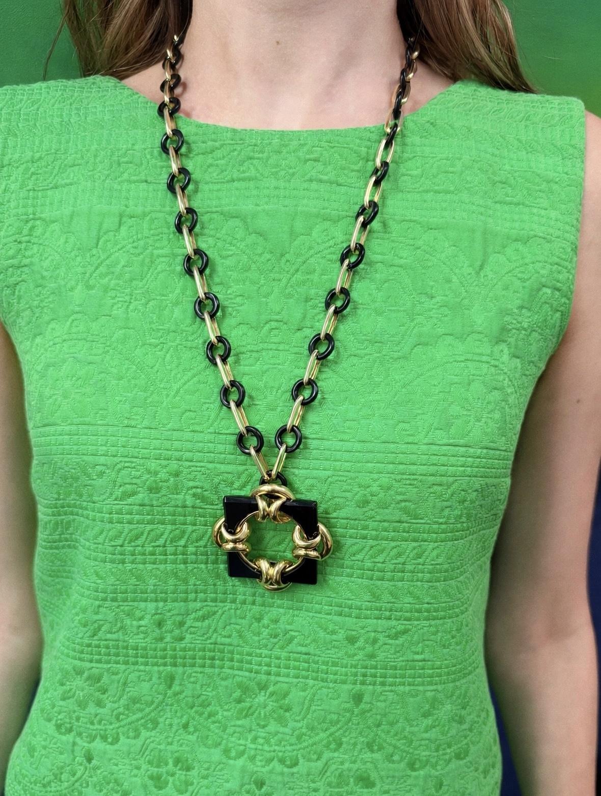 18K Gold Tiffany Aldo Cipullo Onyx Link Pendant Necklace
