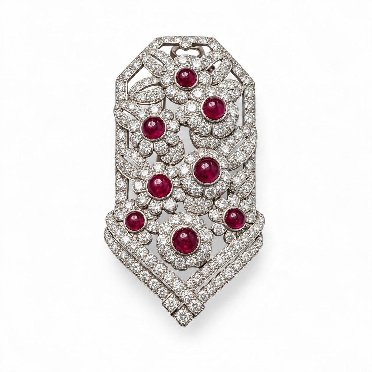 Cartier Art Deco Ruby and Diamond Floral Plaque Brooch in Platinum and 18K Gold
