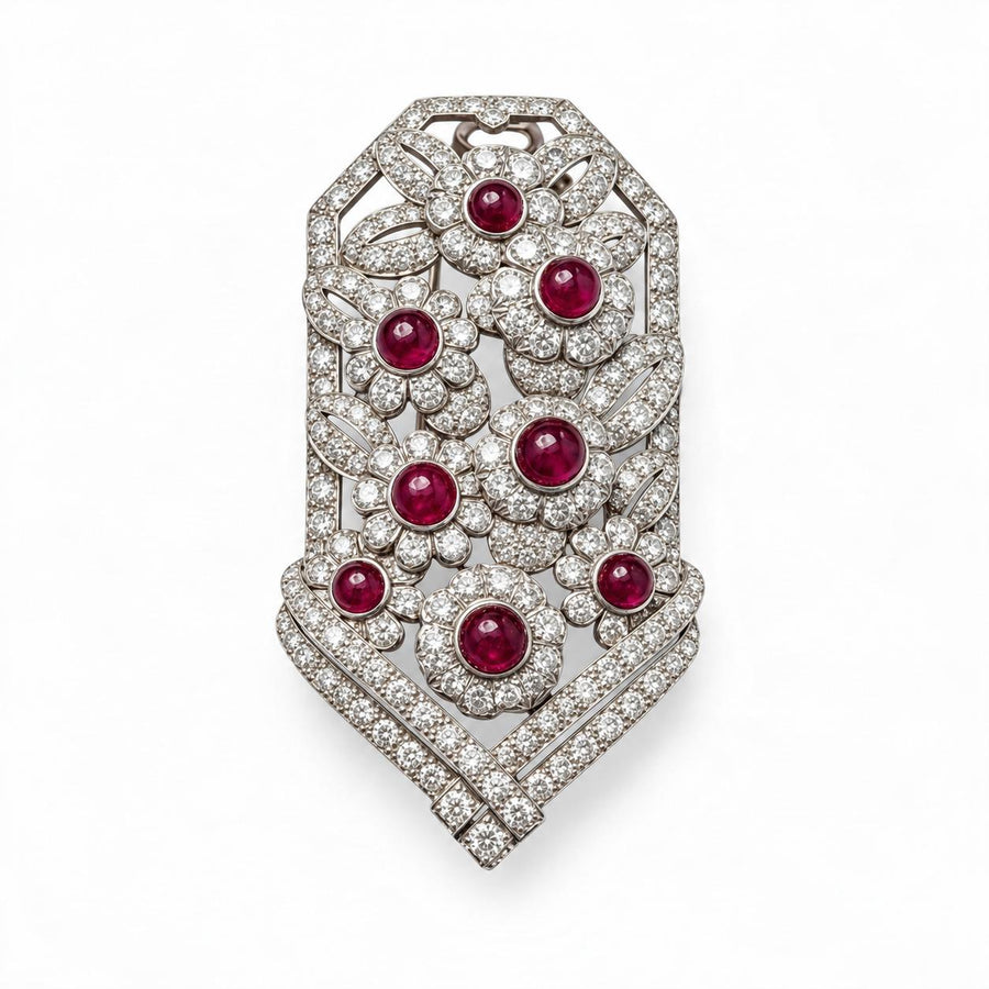 Cartier Art Deco Ruby and Diamond Floral Plaque Brooch in Platinum and 18K Gold