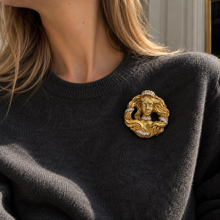 David Webb Medusa Diamond Pendant Brooch in 18K Yellow Gold, 1980s, second view