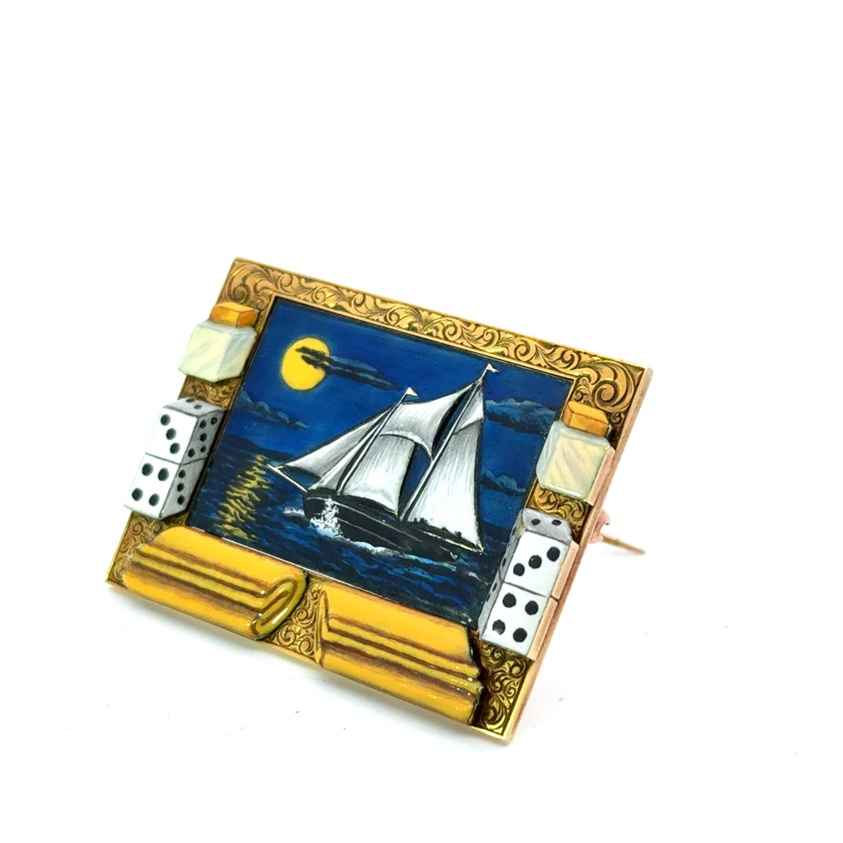 1930's Sailboat Enamel and Gold Brooch with Dice Motif