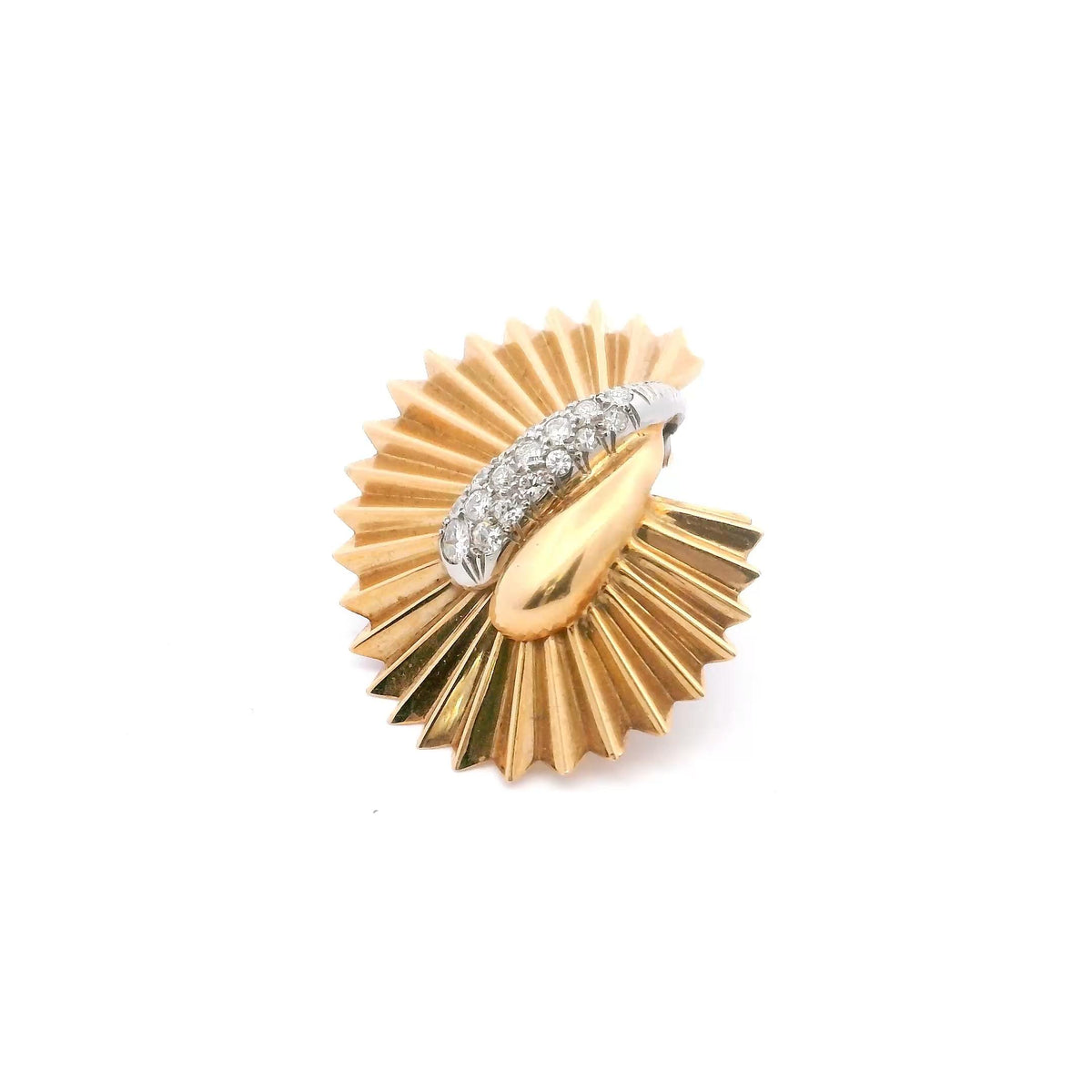 French Retro Diamond Fan Brooch in Platinum and 18K Yellow Gold, circa 1950, view 2