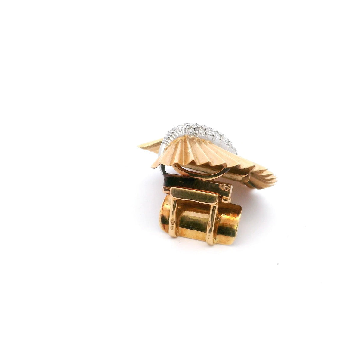French Retro Diamond Fan Brooch in Platinum and 18K Yellow Gold, circa 1950, view 4