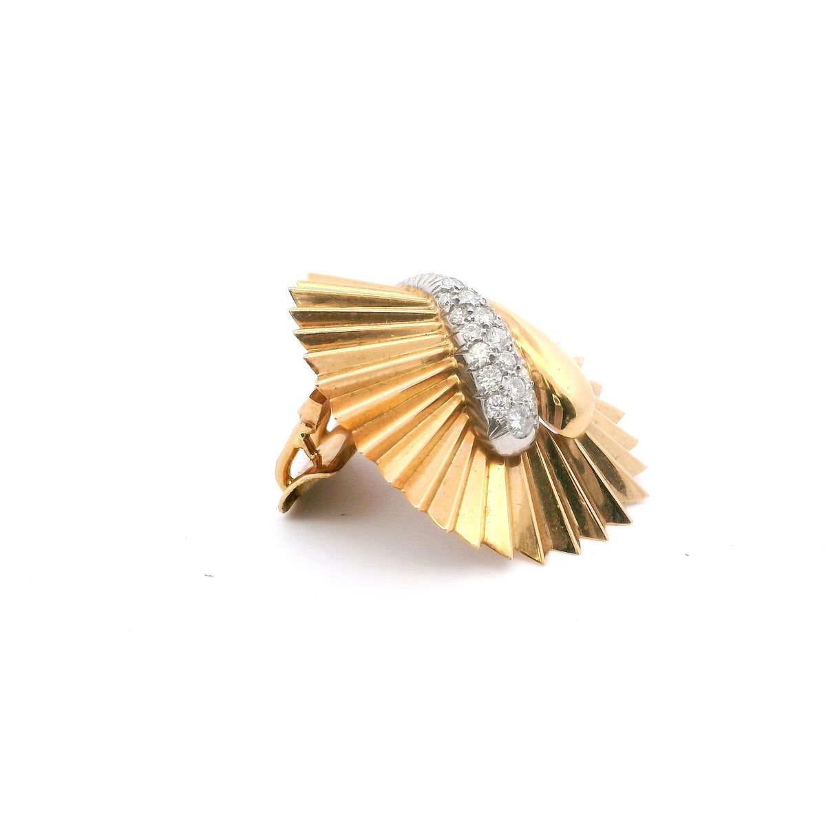 French Retro Diamond Fan Brooch in Platinum and 18K Yellow Gold, circa 1950, view 5