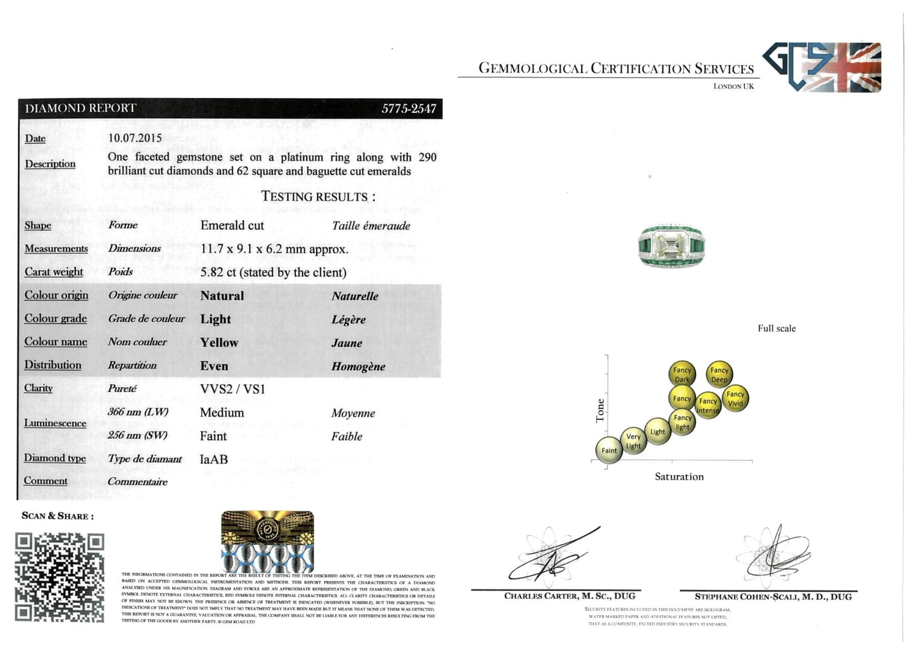 Platinum 5.82ct Emerald Cut Diamond and Emerald Ring