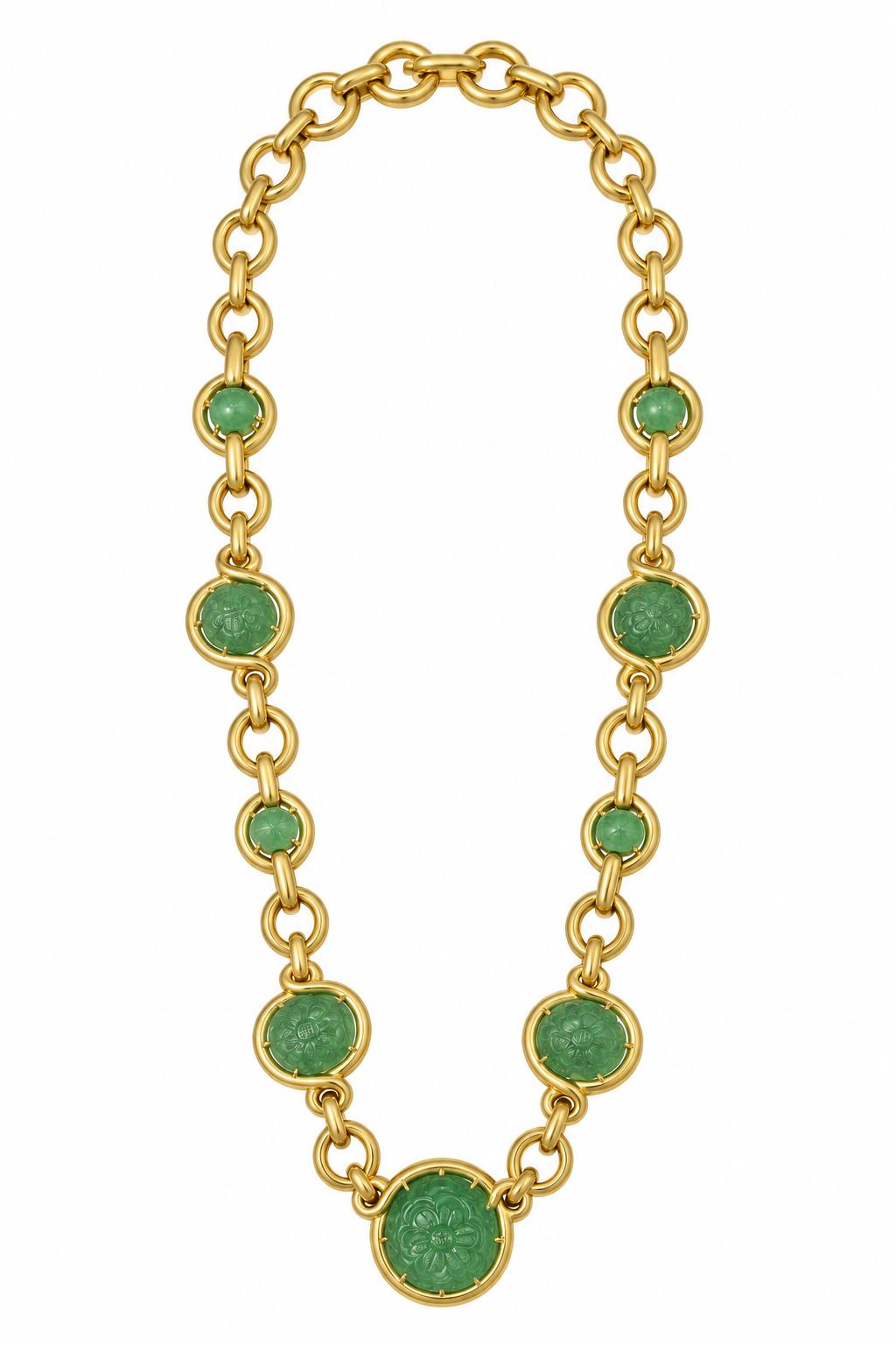 David Webb Carved Emerald and Cabochon Long Necklace in 18K Yellow Gold, 1960s