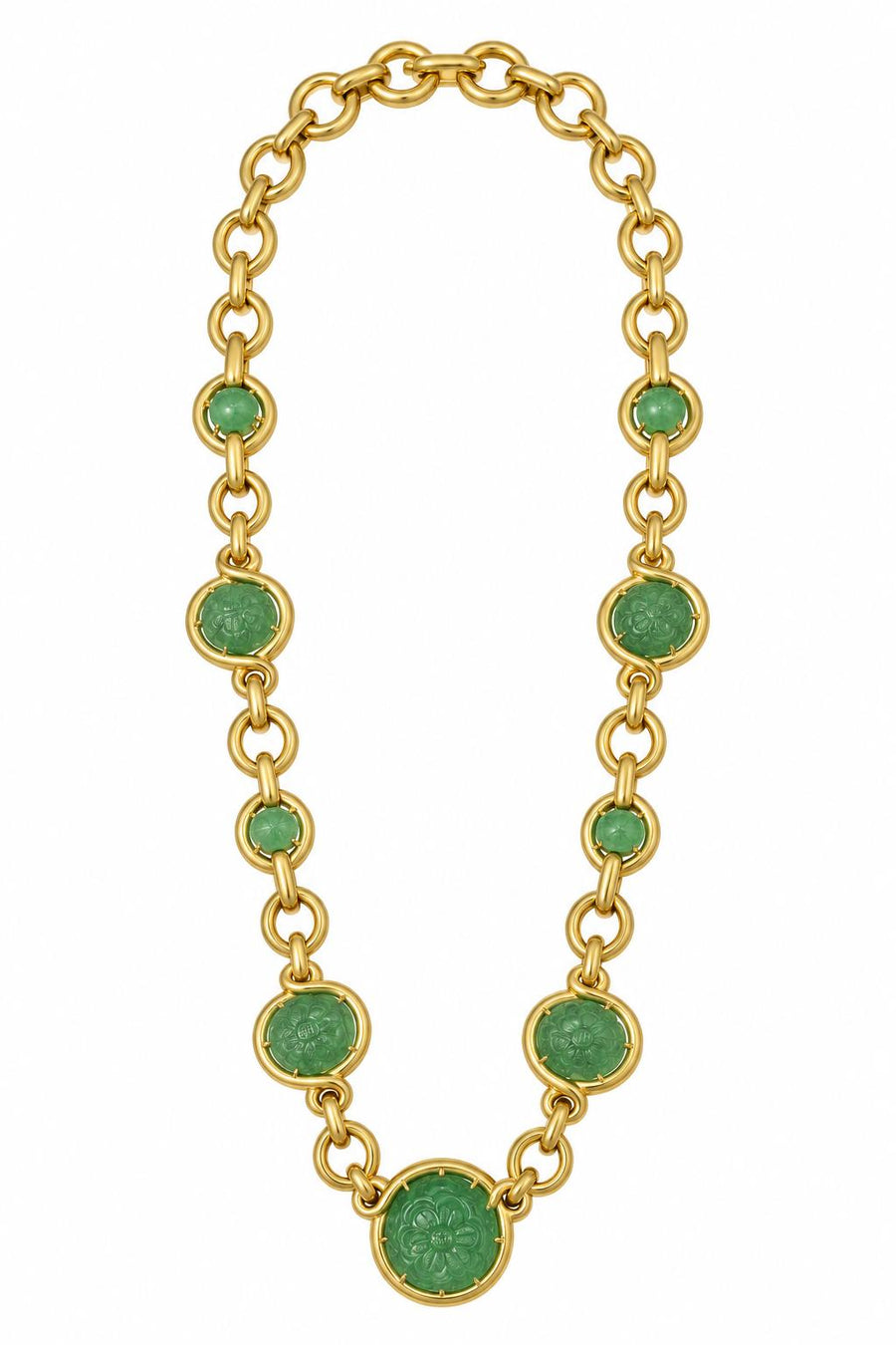 David Webb Carved Emerald and Cabochon Long Necklace in 18K Yellow Gold, 1960s